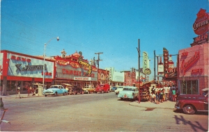 Avenida Juarez as it was during my college years.  View looking south  two blocks from border. From Mexican postcard mailed in 1960. Prominent on the left are the Reno Bar and Restaurant and the Chinese Palace bar and night club