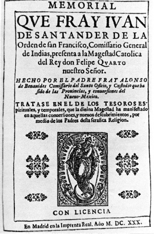 Title page of Fray Alonso Benavides&#039; MEMORIAL, 1630.