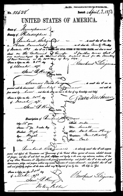 Bernard Seligman Passport Application 1873