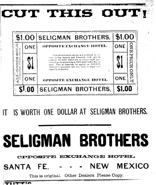 Seligman Bros. Coupon Santa Fe Daily New Mexican 1883