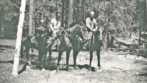 My dad, Otis Seligman hunting something in 1935 to 40? I remember the gun, saddle, and scabbard but not the horse. However we may not of had the horse by the time I was six or so. I recall to other horses we had. Location is most likely near our place on Cow Creek, NM. Other guy, I think, is our neighbor up there, Guermo(Sp?) Varela. Looks too early for deer season. In those days it could have been some subsistence hunting which tended to be overlooked by the wardens. Or could be coyote, bear or lion which were hunted for state bounty.