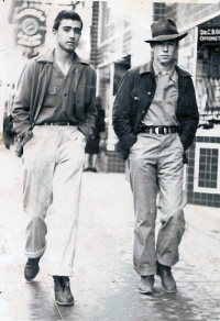 Frank Archibeque and friend circa 1941, Central Ave. in Albuquerque